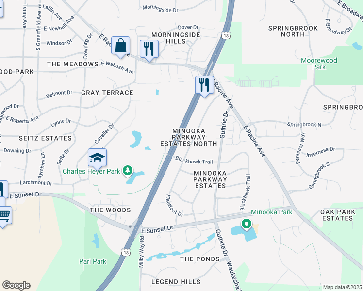 map of restaurants, bars, coffee shops, grocery stores, and more near 1117 Fleetfoot Drive in Waukesha