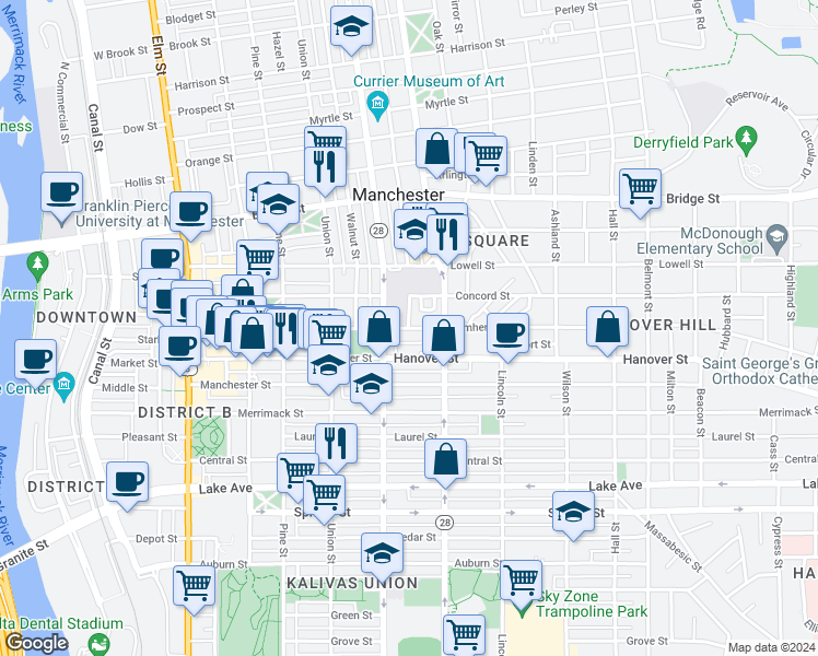 map of restaurants, bars, coffee shops, grocery stores, and more near 295 Amherst Street in Manchester