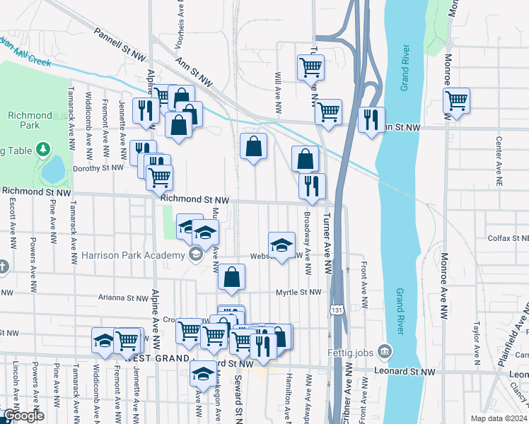 map of restaurants, bars, coffee shops, grocery stores, and more near 1565 Quarry Avenue Northwest in Grand Rapids