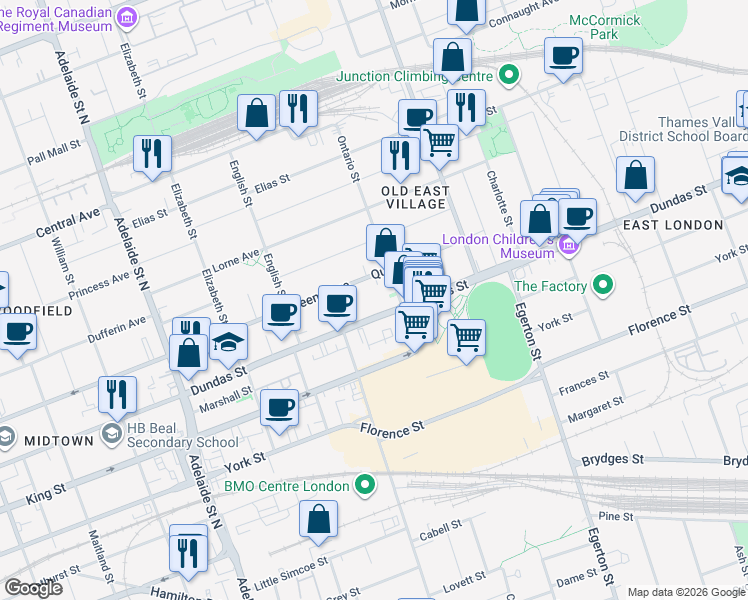 map of restaurants, bars, coffee shops, grocery stores, and more near 848 Dundas Street in London