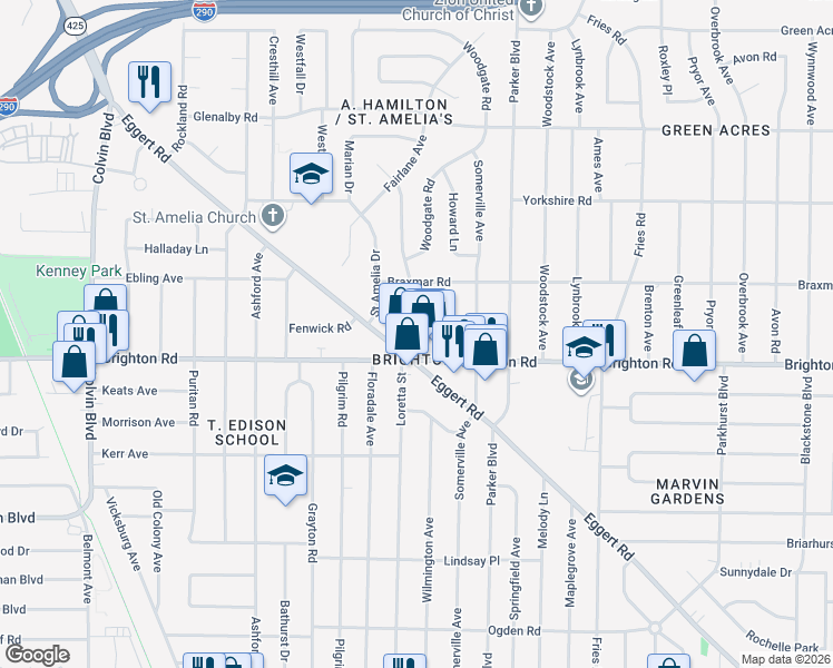 map of restaurants, bars, coffee shops, grocery stores, and more near in Tonawanda Town