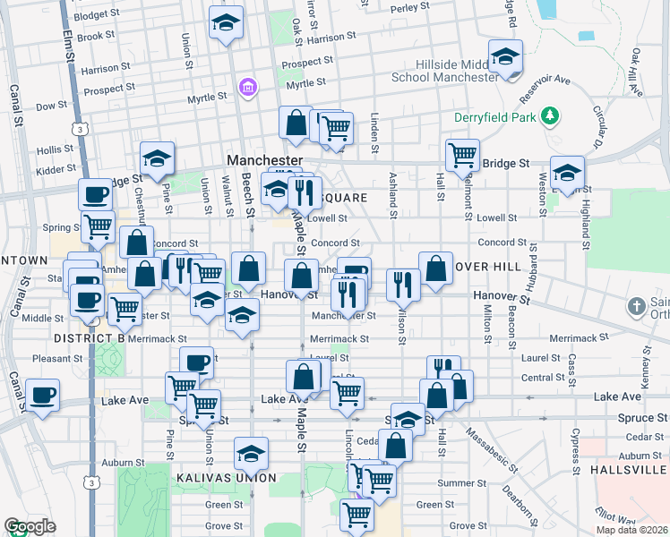 map of restaurants, bars, coffee shops, grocery stores, and more near 365 Amherst Street in Manchester