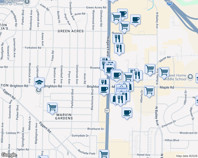map of restaurants, bars, coffee shops, grocery stores, and more near 17 Glenhurst Road in Tonawanda