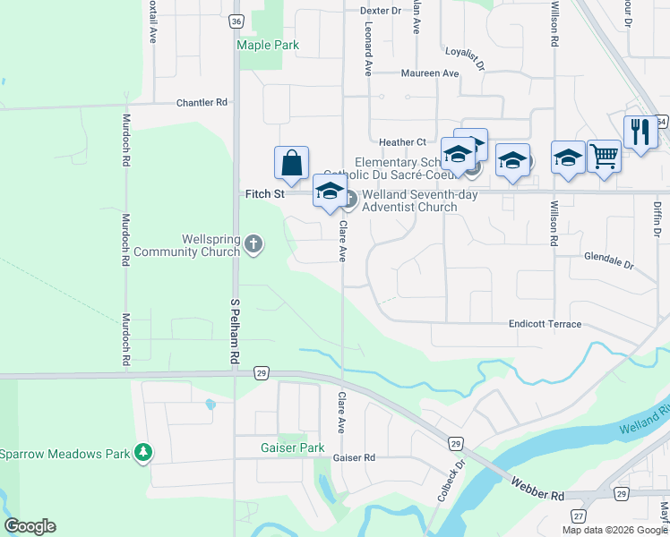 map of restaurants, bars, coffee shops, grocery stores, and more near 32 Clare Avenue in Welland