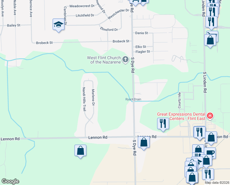 map of restaurants, bars, coffee shops, grocery stores, and more near 2356 South Dye Road in Flint