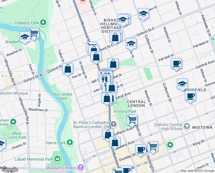 map of restaurants, bars, coffee shops, grocery stores, and more near in London