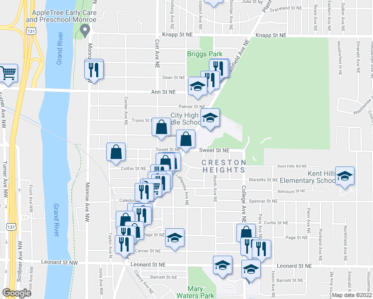 map of restaurants, bars, coffee shops, grocery stores, and more near Plainfield Ave NE & Sweet St NE in Grand Rapids