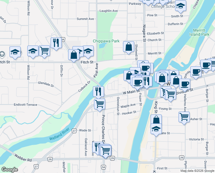 map of restaurants, bars, coffee shops, grocery stores, and more near 100 HighRiver Trail in Welland
