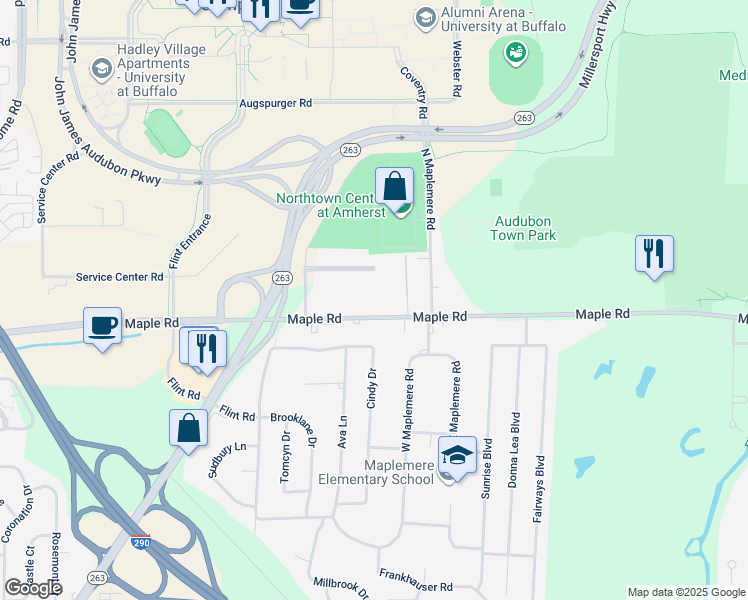 map of restaurants, bars, coffee shops, grocery stores, and more near 100 Maple Road in Amherst