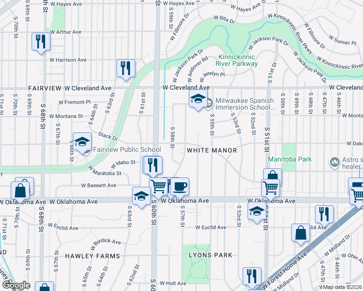 map of restaurants, bars, coffee shops, grocery stores, and more near 2923 South 57th Street in Milwaukee