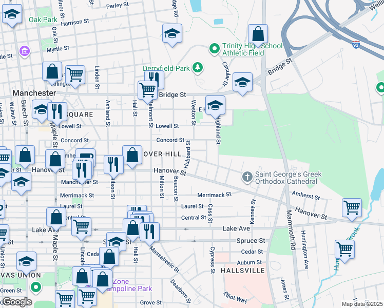 map of restaurants, bars, coffee shops, grocery stores, and more near 49 Hubbard Street in Manchester