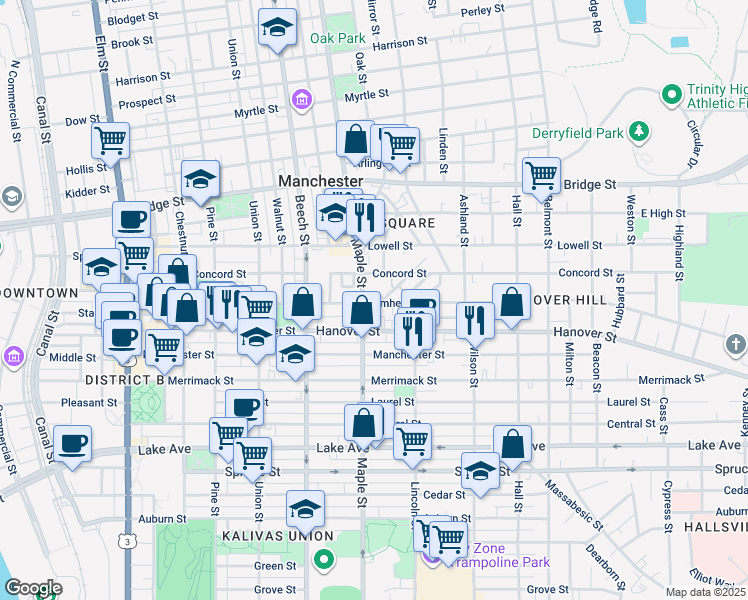 map of restaurants, bars, coffee shops, grocery stores, and more near 453 Maple Street in Manchester