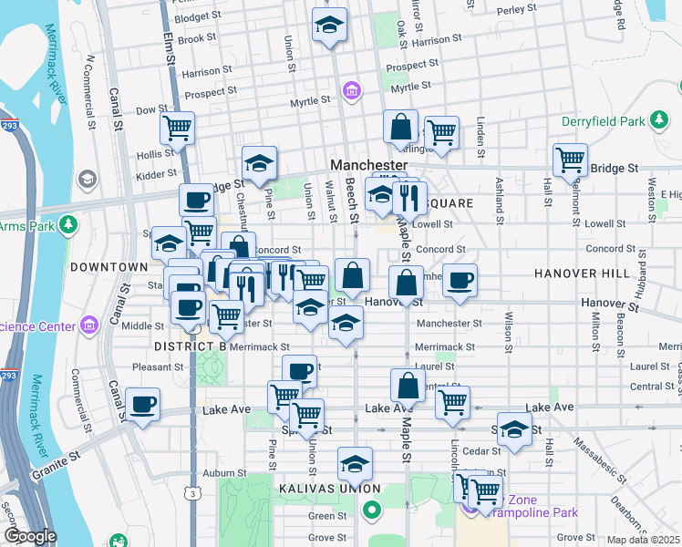 map of restaurants, bars, coffee shops, grocery stores, and more near 509 New Hampshire 28 in Manchester