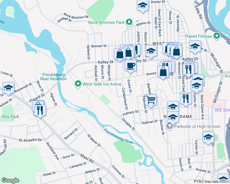 map of restaurants, bars, coffee shops, grocery stores, and more near 92 Kearsarge Street in Manchester