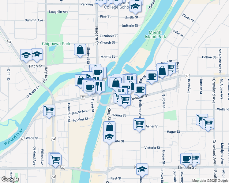map of restaurants, bars, coffee shops, grocery stores, and more near 51 King Street in Welland
