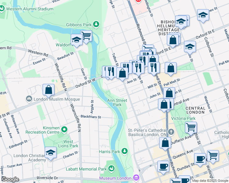 map of restaurants, bars, coffee shops, grocery stores, and more near 75 Ann Street in London