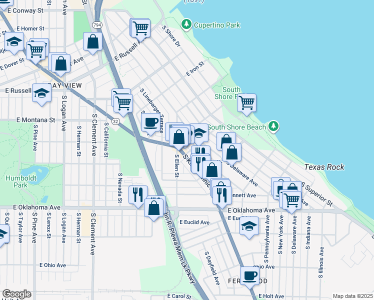 map of restaurants, bars, coffee shops, grocery stores, and more near 2939 Wisconsin 32 in Milwaukee