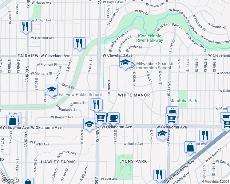 map of restaurants, bars, coffee shops, grocery stores, and more near 2923 South 57th Street in Milwaukee