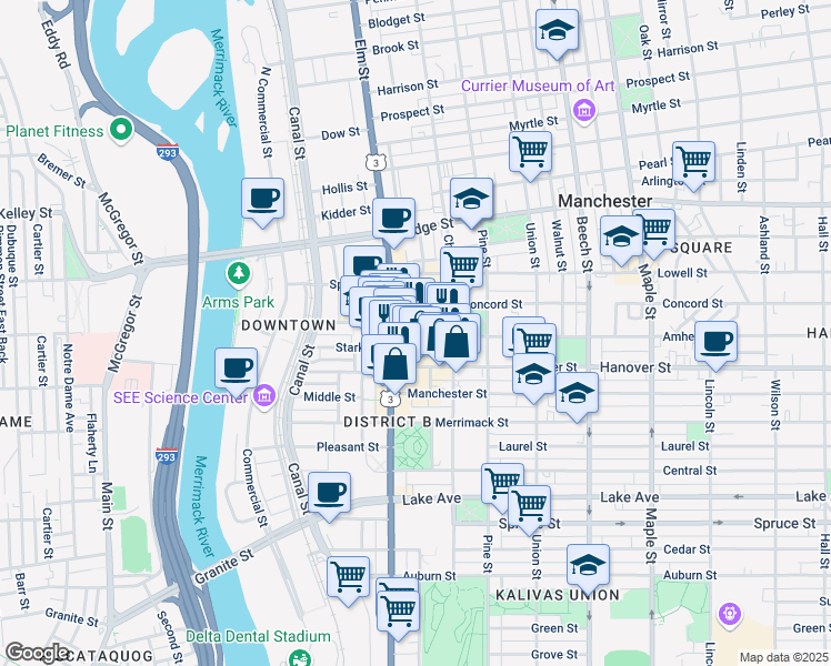 map of restaurants, bars, coffee shops, grocery stores, and more near 35 Amherst Street in Manchester