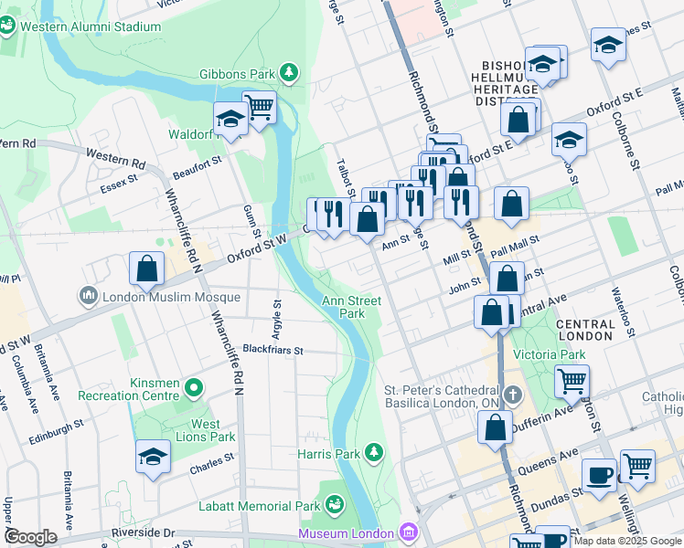 map of restaurants, bars, coffee shops, grocery stores, and more near 75 Ann Street in London