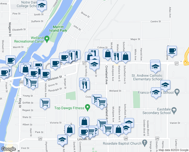 map of restaurants, bars, coffee shops, grocery stores, and more near 43 Duncan Street in Welland