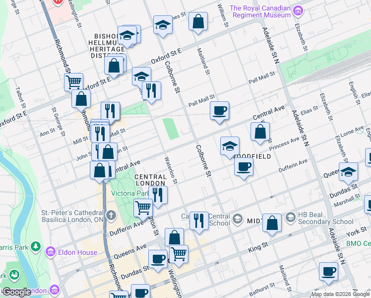 map of restaurants, bars, coffee shops, grocery stores, and more near 379 Central Avenue in London