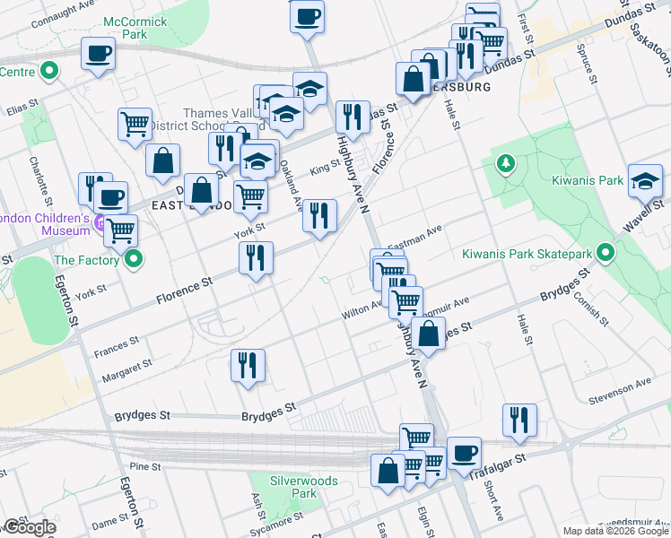 map of restaurants, bars, coffee shops, grocery stores, and more near 232 Oakland Avenue in London