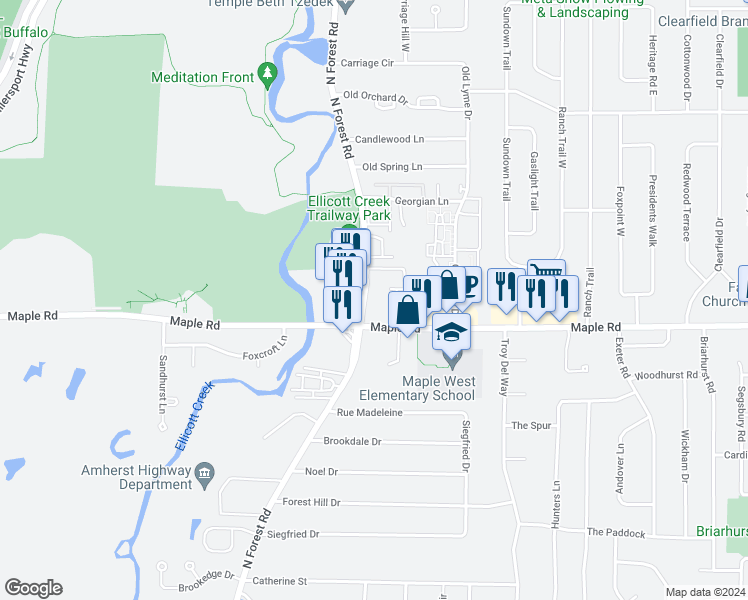 map of restaurants, bars, coffee shops, grocery stores, and more near 1331 North Forest Road in Williamsville