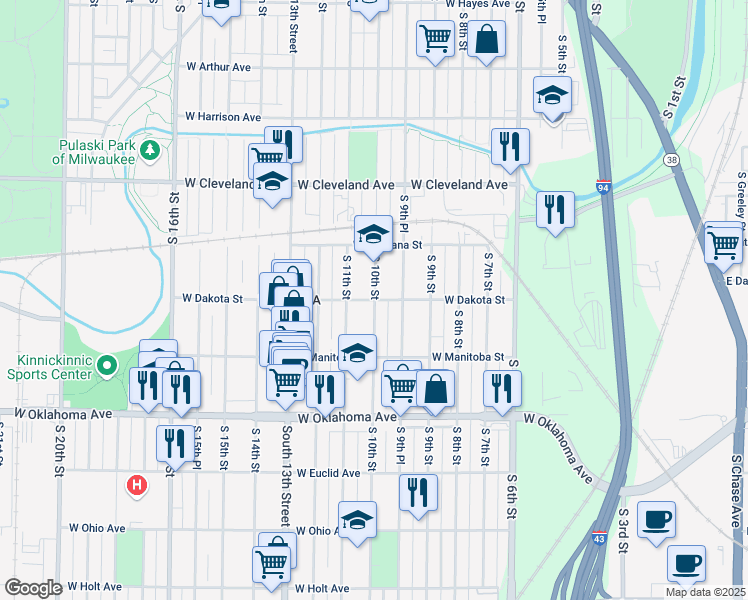 map of restaurants, bars, coffee shops, grocery stores, and more near South 10th Street in Milwaukee