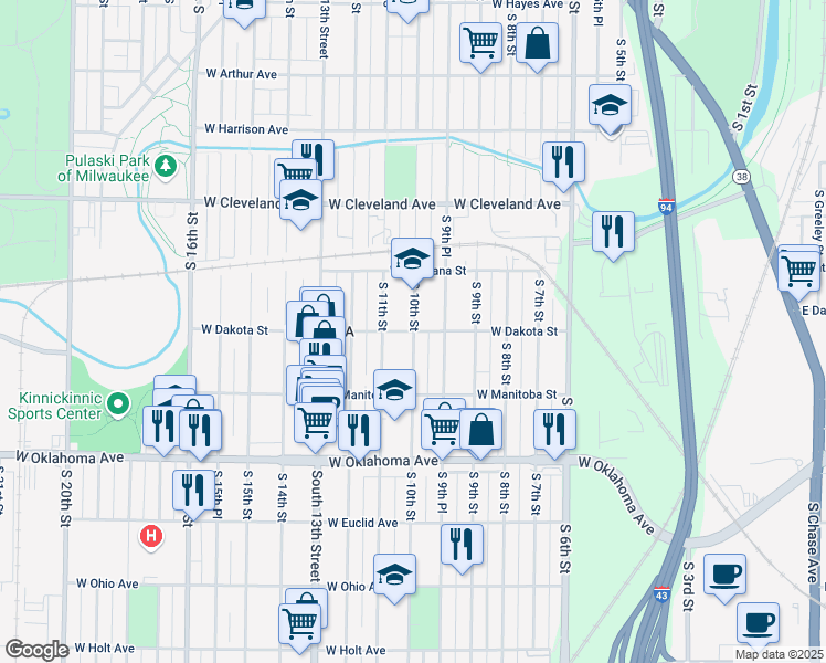 map of restaurants, bars, coffee shops, grocery stores, and more near South 10th Place in Milwaukee