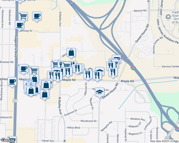 map of restaurants, bars, coffee shops, grocery stores, and more near 4150 Maple Road in Buffalo