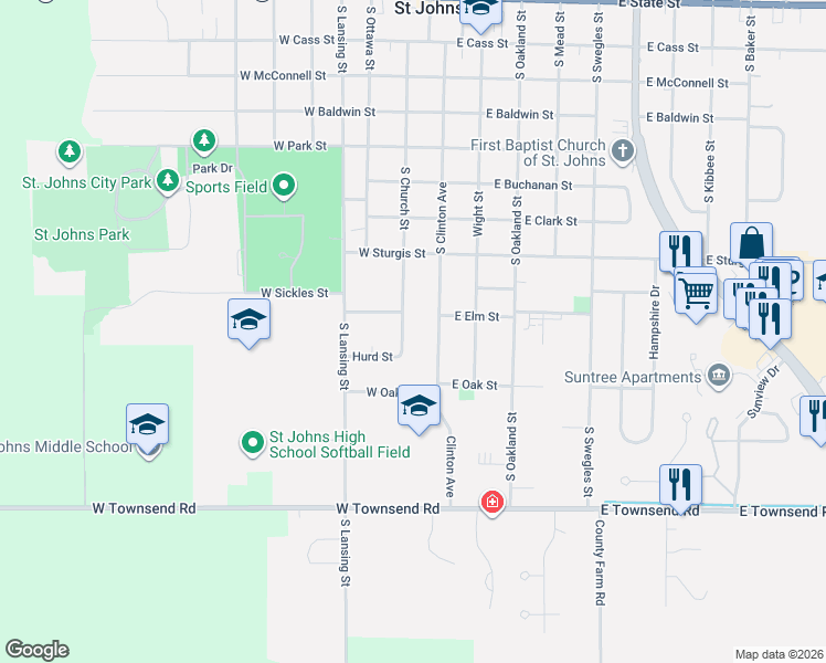 map of restaurants, bars, coffee shops, grocery stores, and more near 1009 South Church Street in Saint Johns