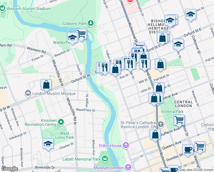 map of restaurants, bars, coffee shops, grocery stores, and more near 75 Ann Street in London
