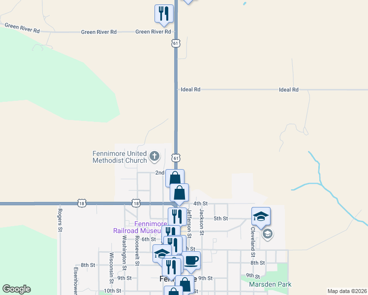 map of restaurants, bars, coffee shops, grocery stores, and more near 13380 U.S. 61 in Fennimore