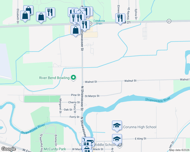 map of restaurants, bars, coffee shops, grocery stores, and more near 233 Walnut Street in Corunna