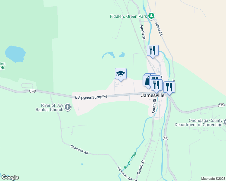 map of restaurants, bars, coffee shops, grocery stores, and more near 6413 East Seneca Turnpike in Jamesville