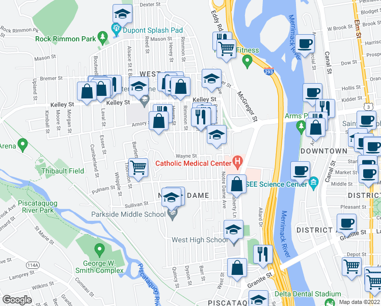 map of restaurants, bars, coffee shops, grocery stores, and more near 175 Wayne Street in Manchester
