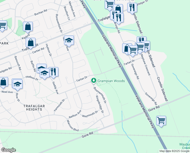 map of restaurants, bars, coffee shops, grocery stores, and more near 299 Tartan Drive in London