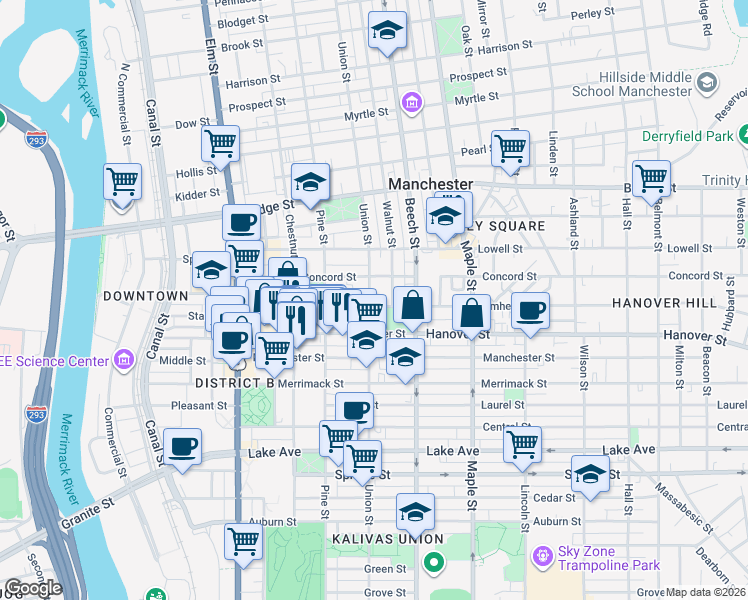 map of restaurants, bars, coffee shops, grocery stores, and more near in Manchester