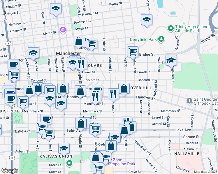 map of restaurants, bars, coffee shops, grocery stores, and more near 20 Dufort Street in Manchester