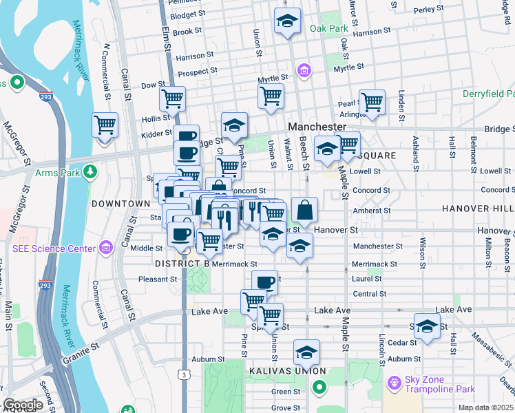 map of restaurants, bars, coffee shops, grocery stores, and more near 198 Hanover Street in Manchester