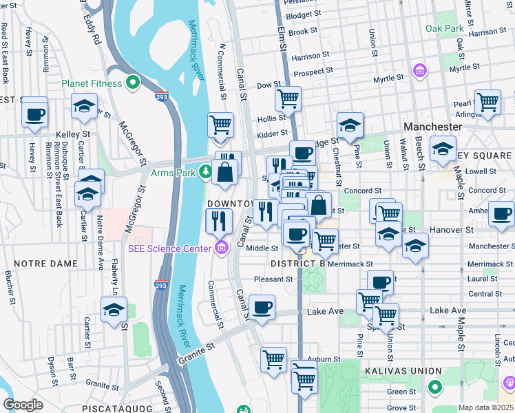 map of restaurants, bars, coffee shops, grocery stores, and more near 110 Stark Street in Manchester