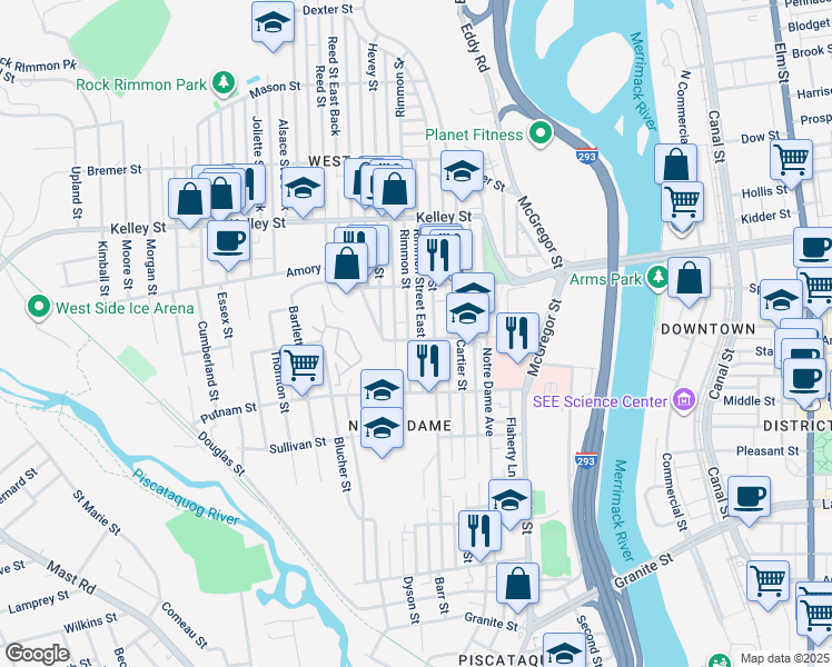 map of restaurants, bars, coffee shops, grocery stores, and more near 320 Dubuque Street in Manchester
