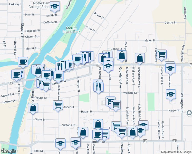 map of restaurants, bars, coffee shops, grocery stores, and more near 59 Empire Street in Welland