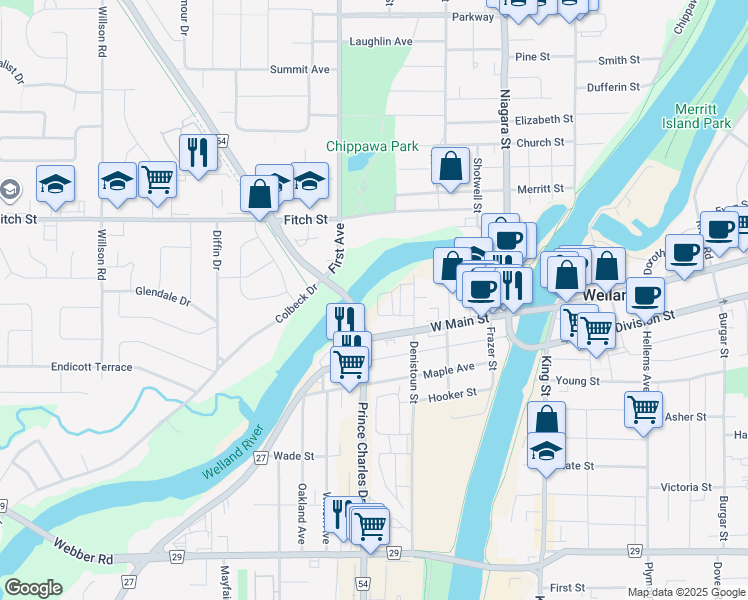 map of restaurants, bars, coffee shops, grocery stores, and more near in Welland