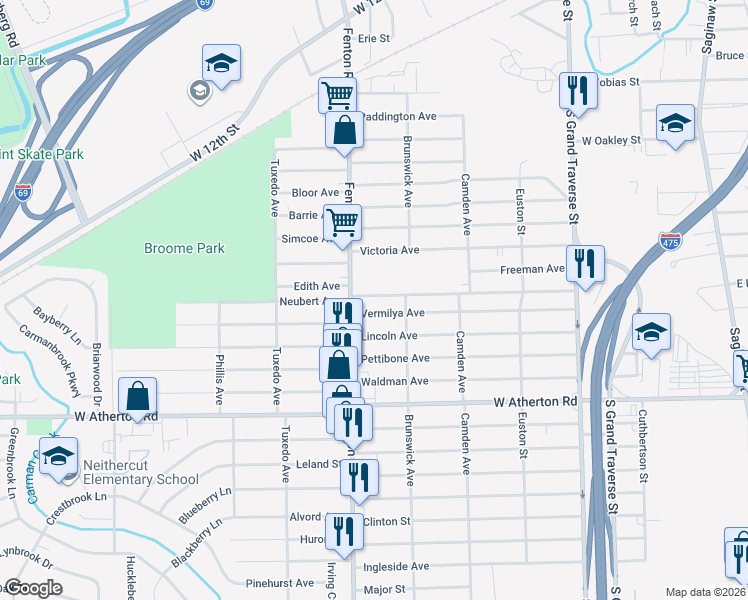 map of restaurants, bars, coffee shops, grocery stores, and more near 943 Vermilya Avenue in Flint