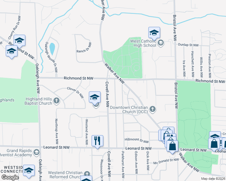 map of restaurants, bars, coffee shops, grocery stores, and more near 1504 Covell Avenue Northwest in Grand Rapids