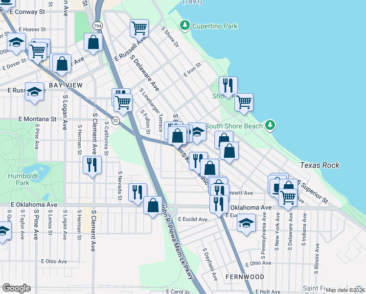map of restaurants, bars, coffee shops, grocery stores, and more near 2939 Wisconsin 32 in Milwaukee