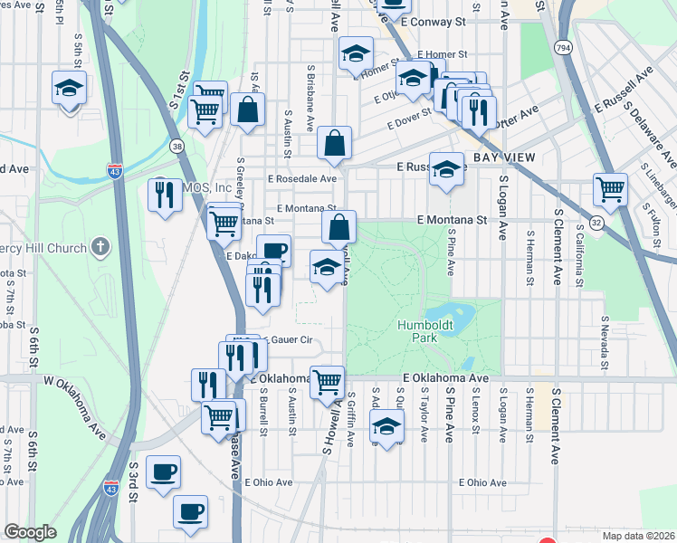 map of restaurants, bars, coffee shops, grocery stores, and more near in Milwaukee