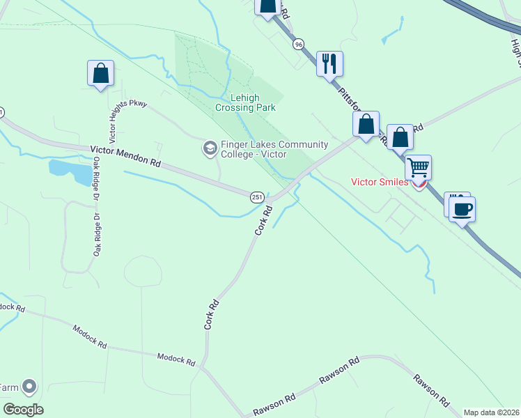 map of restaurants, bars, coffee shops, grocery stores, and more near 980 Cork Road in Victor
